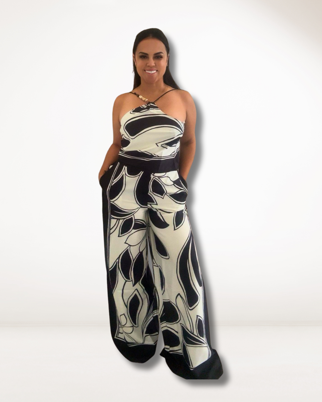Black & White Leaf Print Jumpsuit