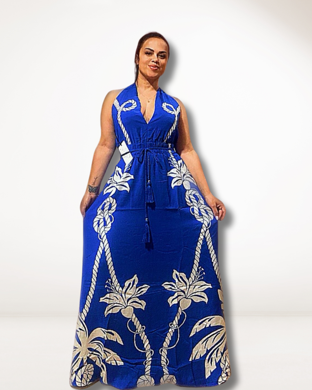 Blue Tropical Print Maxi Dress