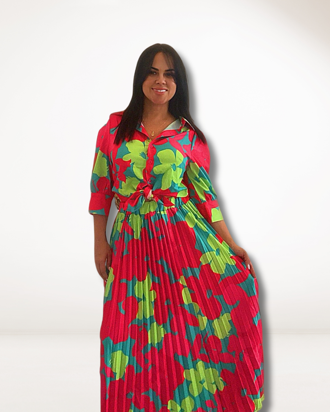 Fuchsia Green Print Maxi Dress