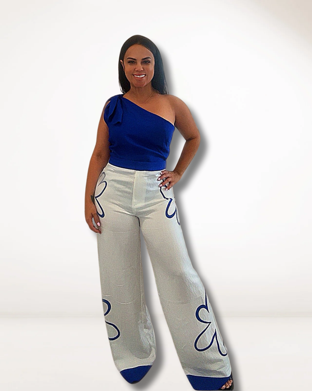 Blue One-Shoulder Floral Pants Set