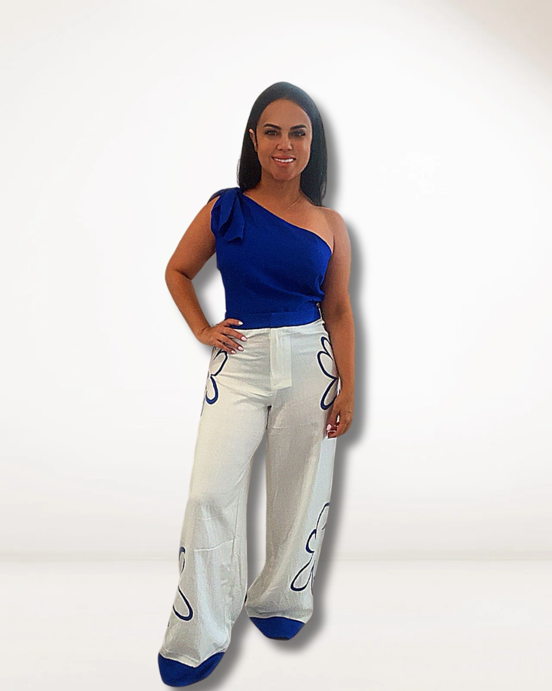 Blue One-Shoulder Floral Pants Set