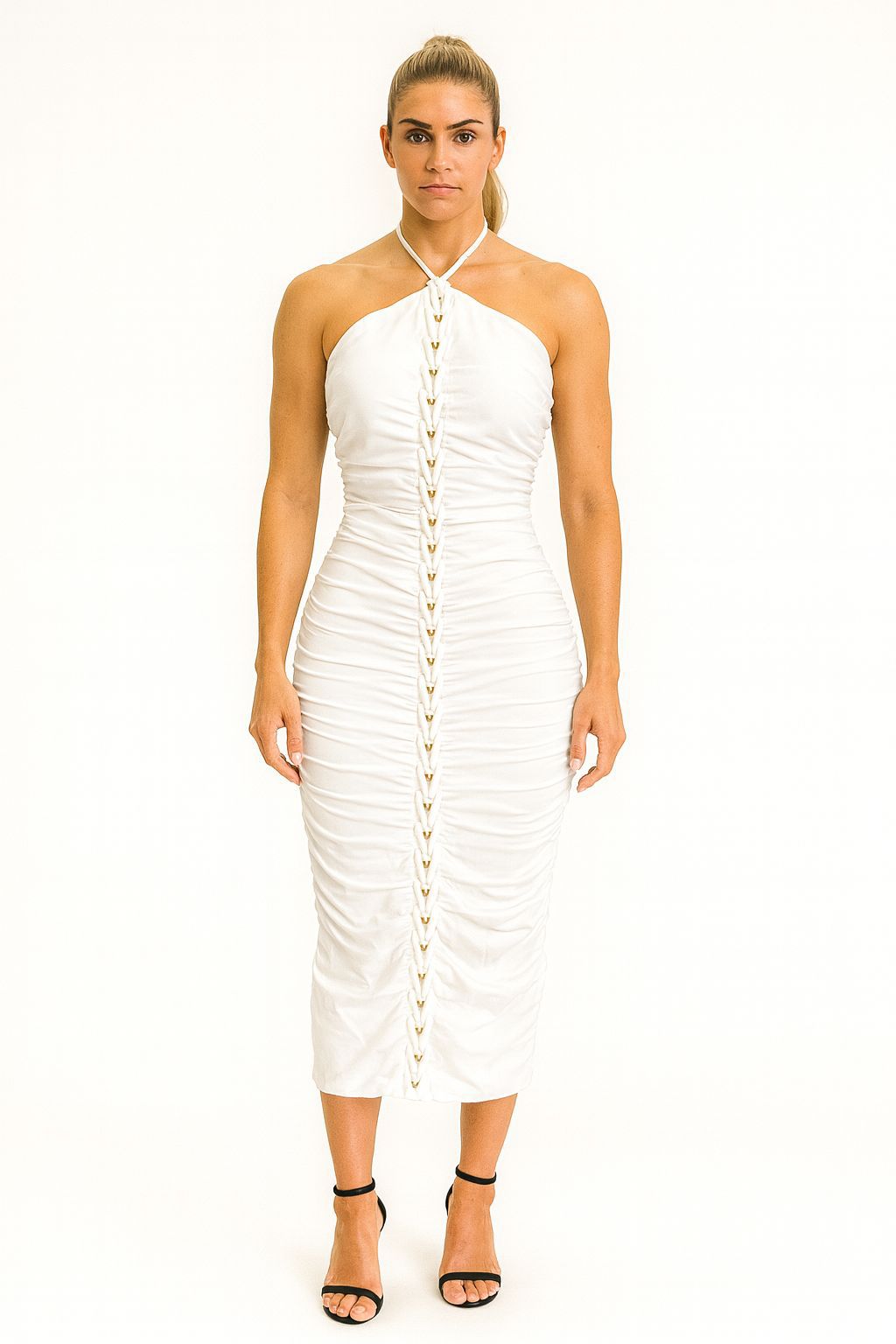 Aphrodite Bodycon Midi Dress White Ruched Halter with Gold Lacing –  Yessboutique