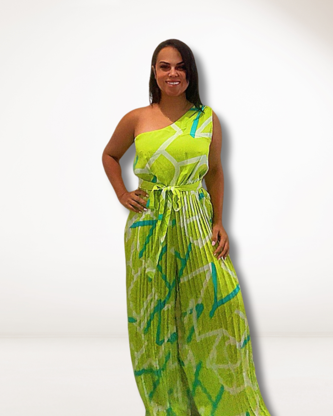 Lime Splash One-Shoulder Pleated Jumpsuit