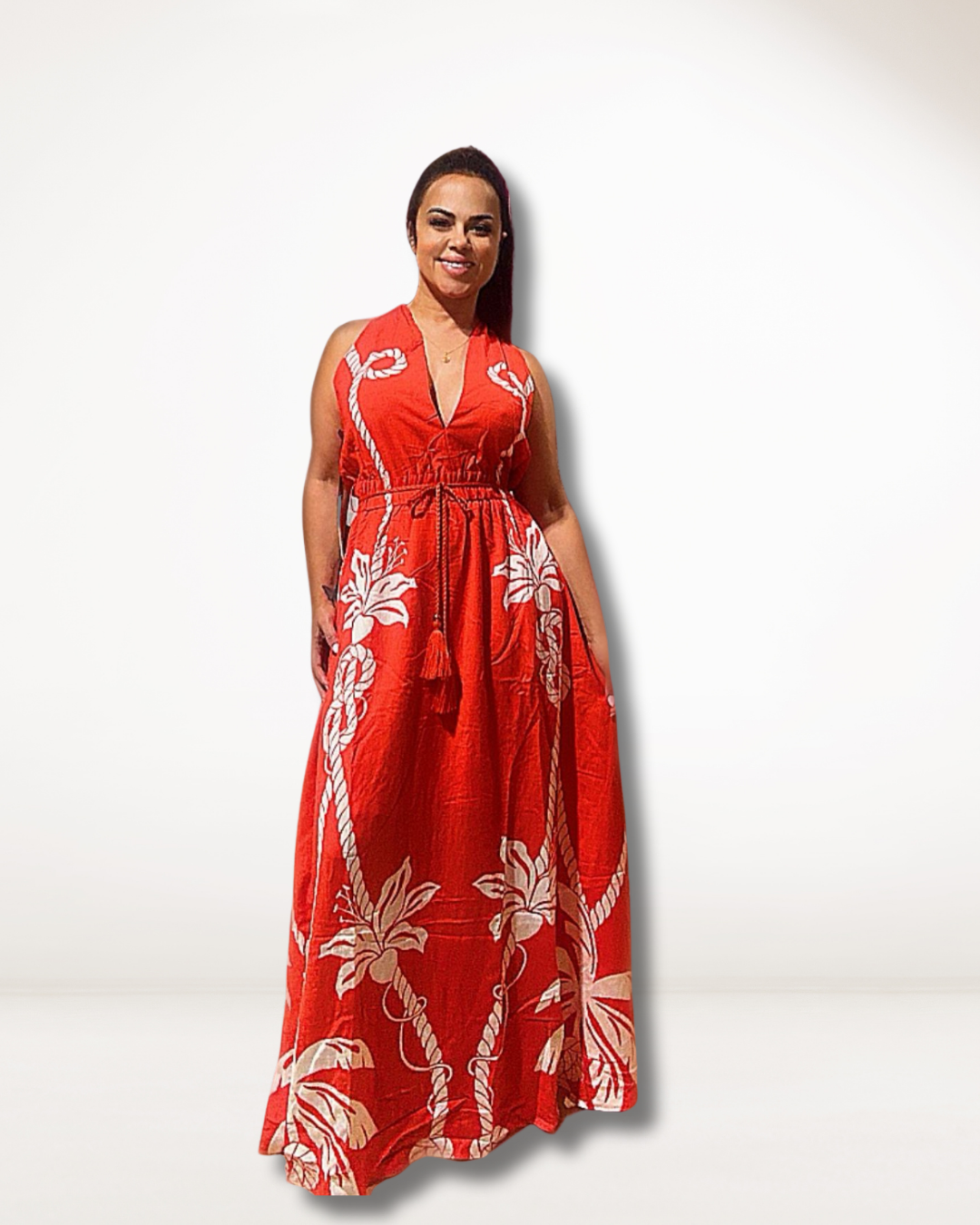 Red Tropical Print Maxi Dress