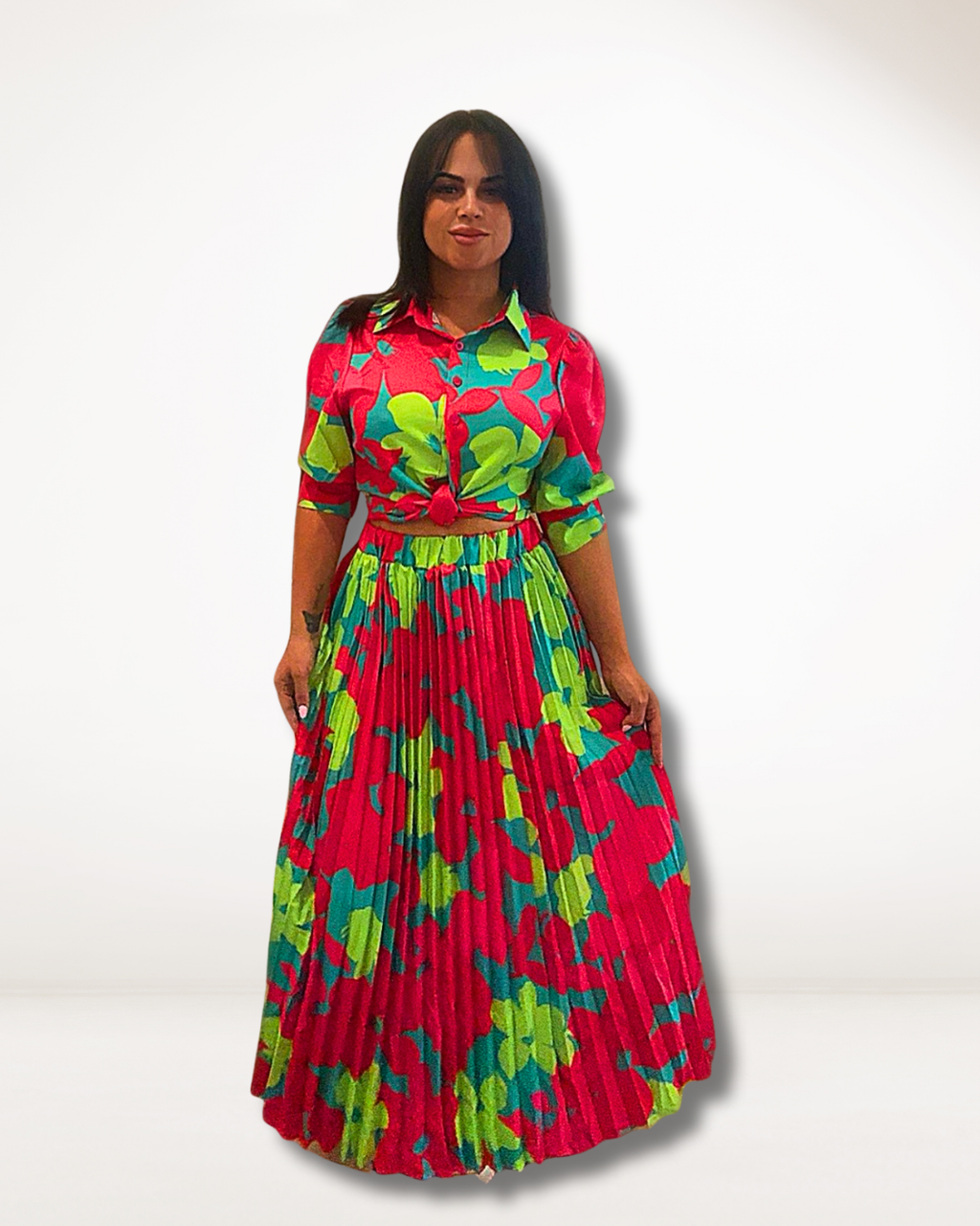 Fuchsia Green Print Maxi Dress