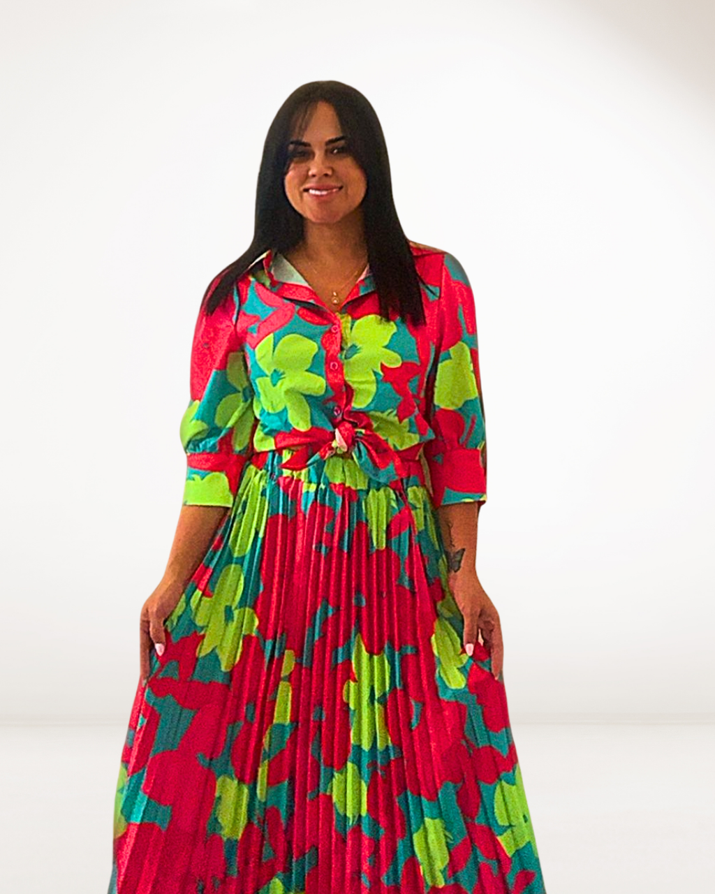 Fuchsia Green Print Maxi Dress