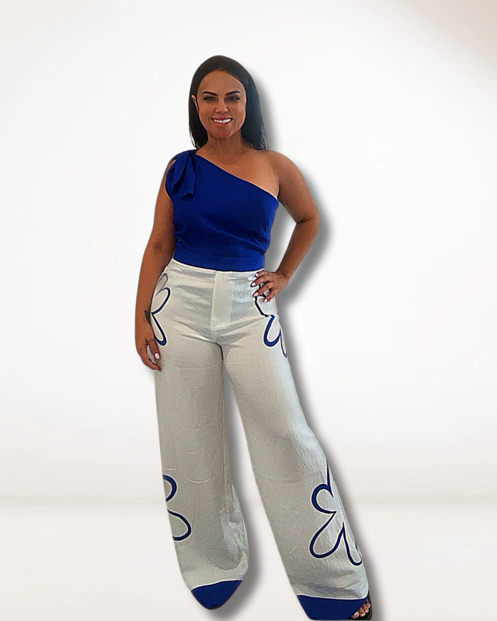 Blue One-Shoulder Floral Pants Set