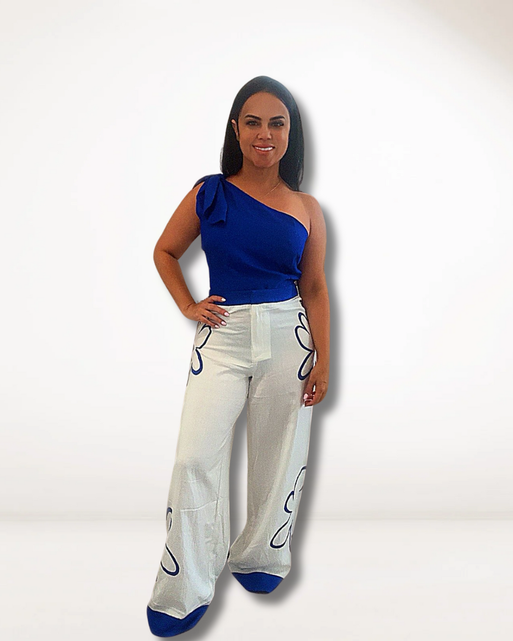 Blue One-Shoulder Floral Pants Set