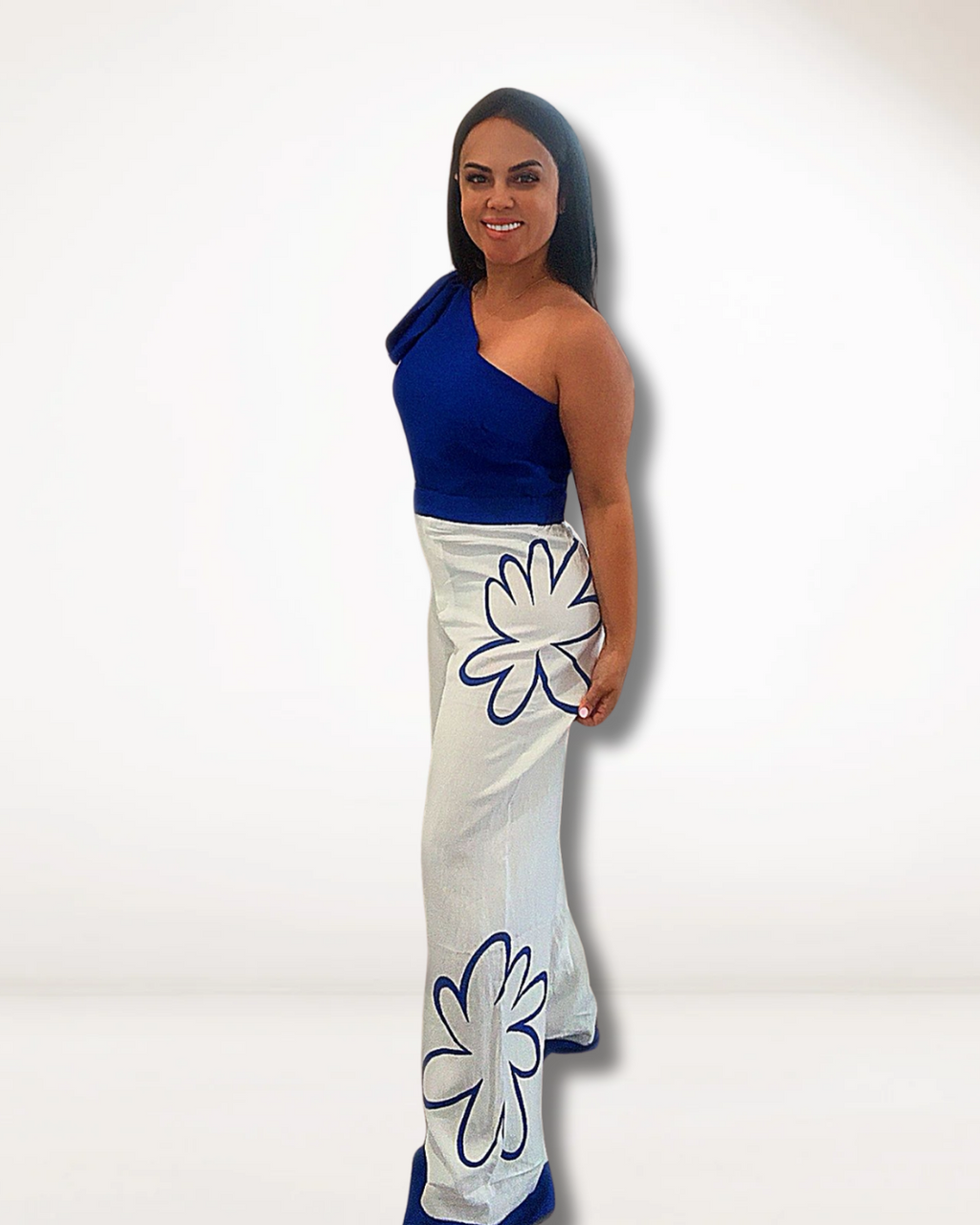 Blue One-Shoulder Floral Pants Set