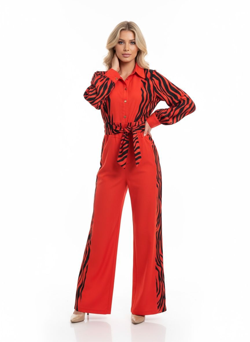 Wild Vibe Zebra Print Jumpsuit  Collared Wide Leg with Tie Belt