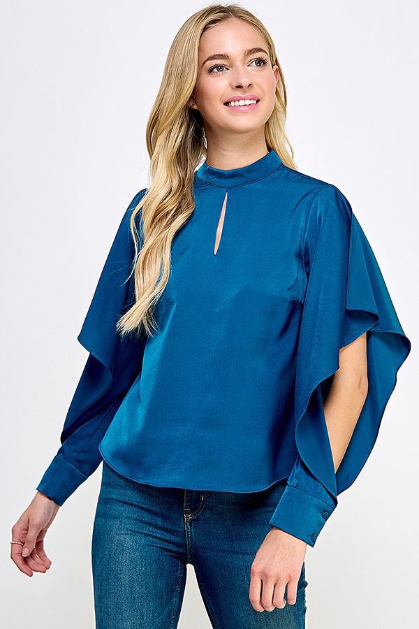 Oceanic Drape Satin Blouse - Teal Blue Asymmetrical Mock Neck