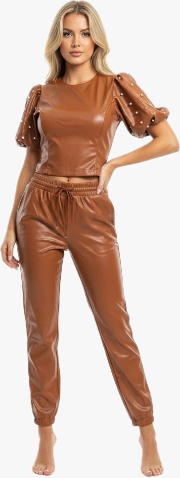 Cognac Chic Faux Leather Set - Pearl Puff Sleeve Crop Top & Joggers
