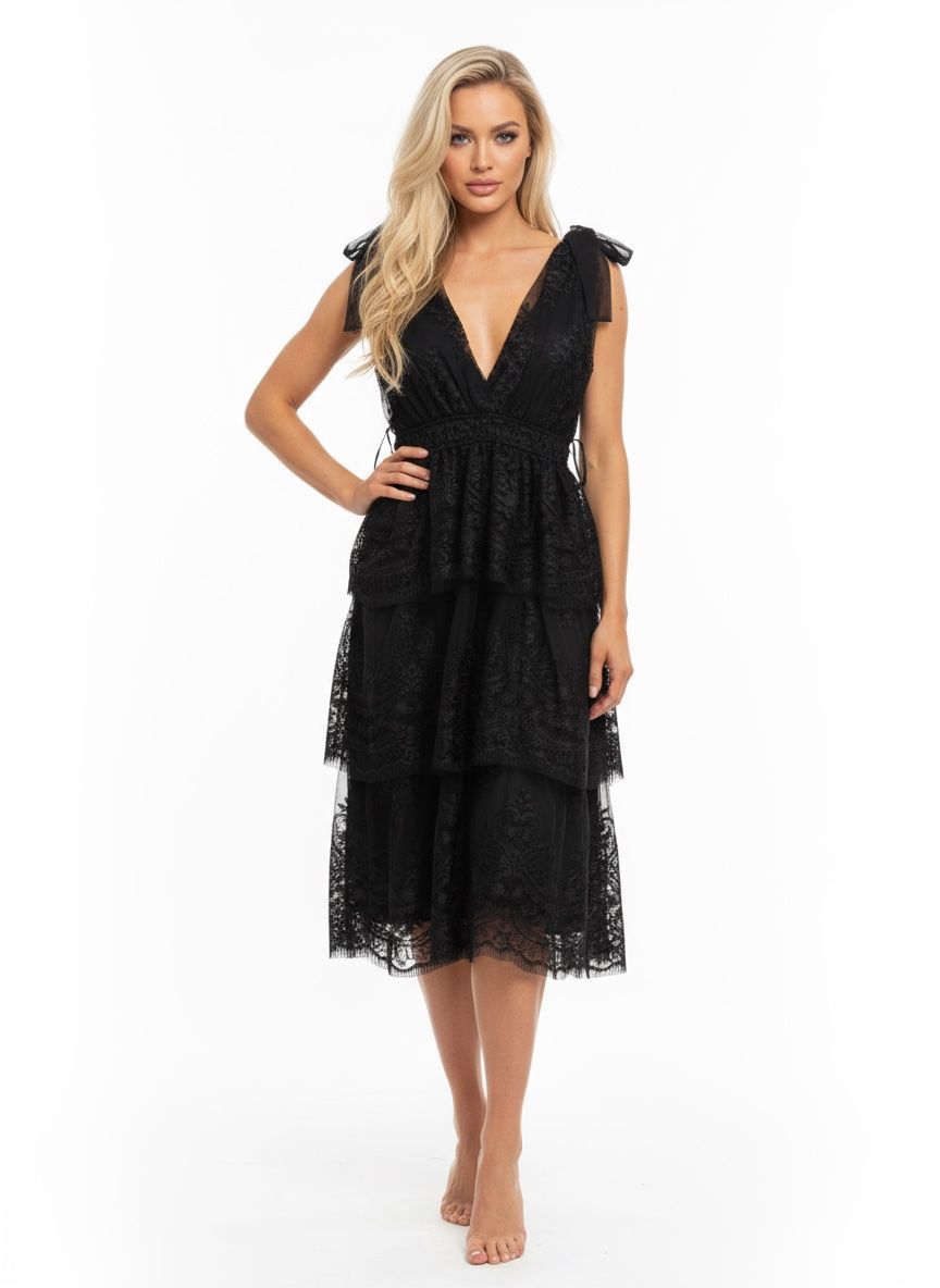 Midnight Bloom Tiered Lace Midi Dress - Deep V-Neck