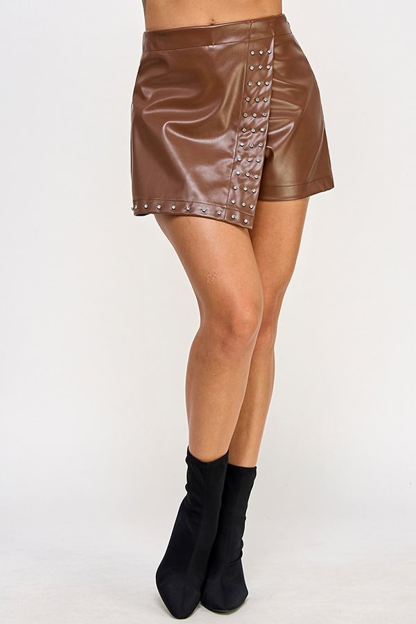 Rebel Chic Studded Faux Leather Skort  Brown