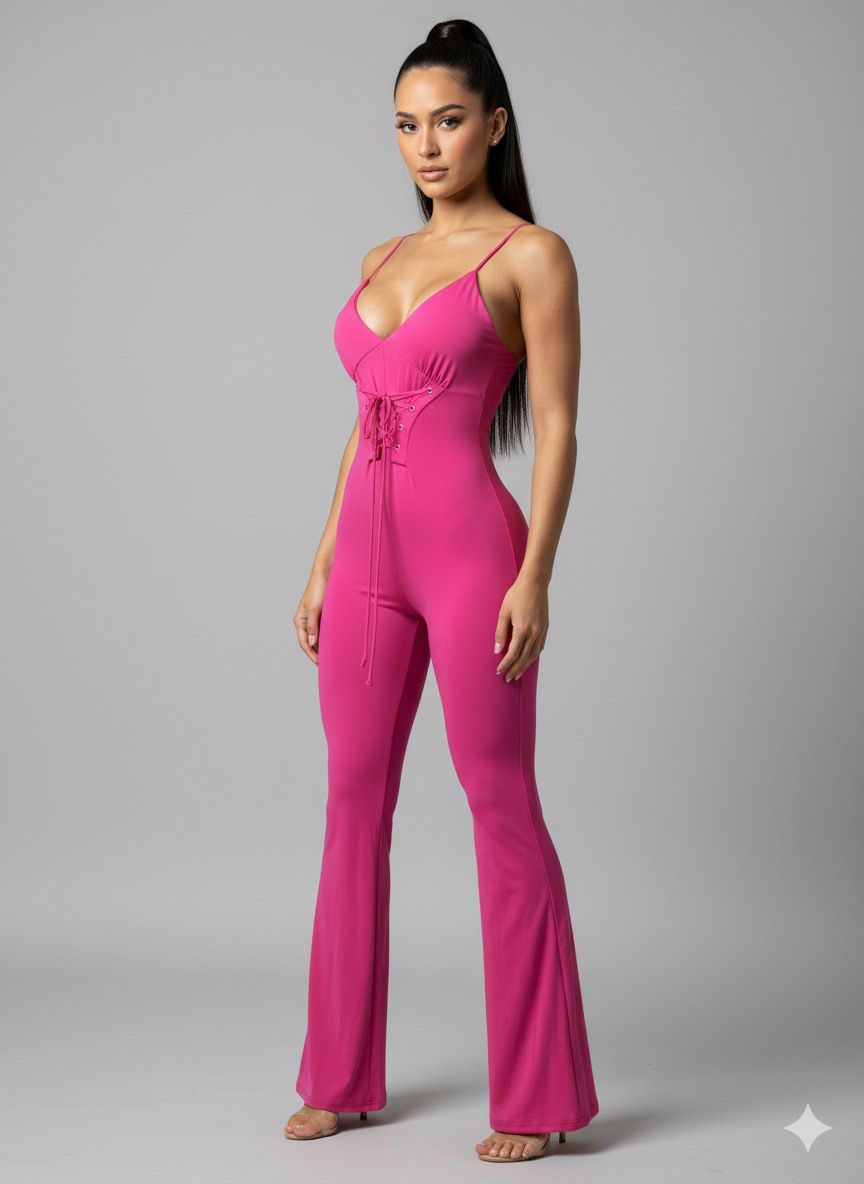 Viva Glam Bodycon Jumpsuit  Fuchsia with Front Lacing (Flared Style)