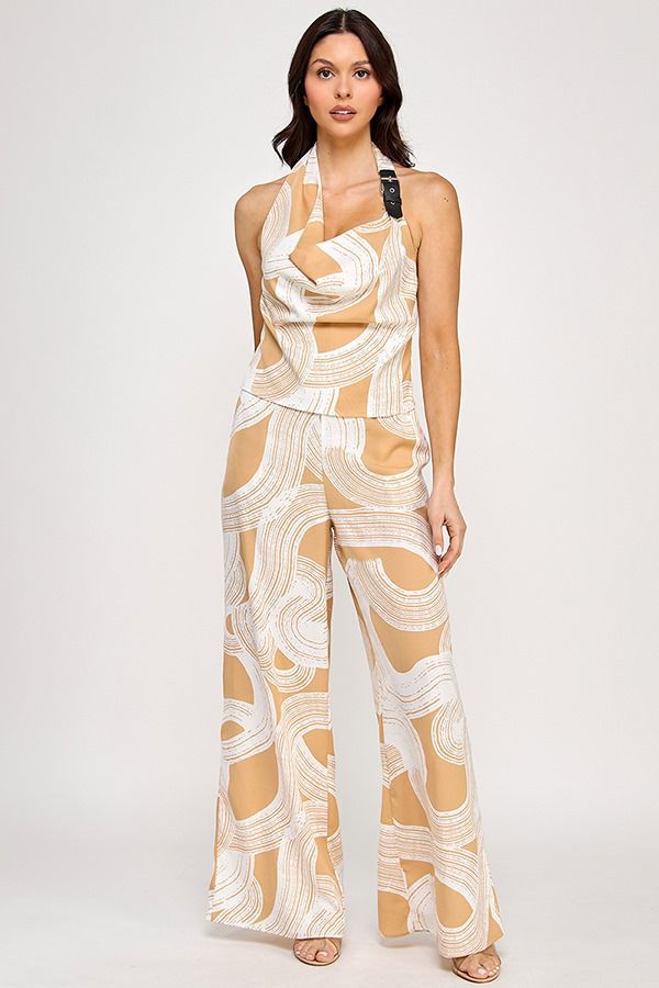 Art Deco Swirl' Halter Jumpsuit - Black & Cream Wide-Leg