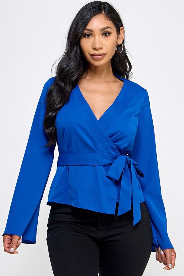 Royal Blue Wrap Blouse – Long Sleeve with Adjustable Side Tie