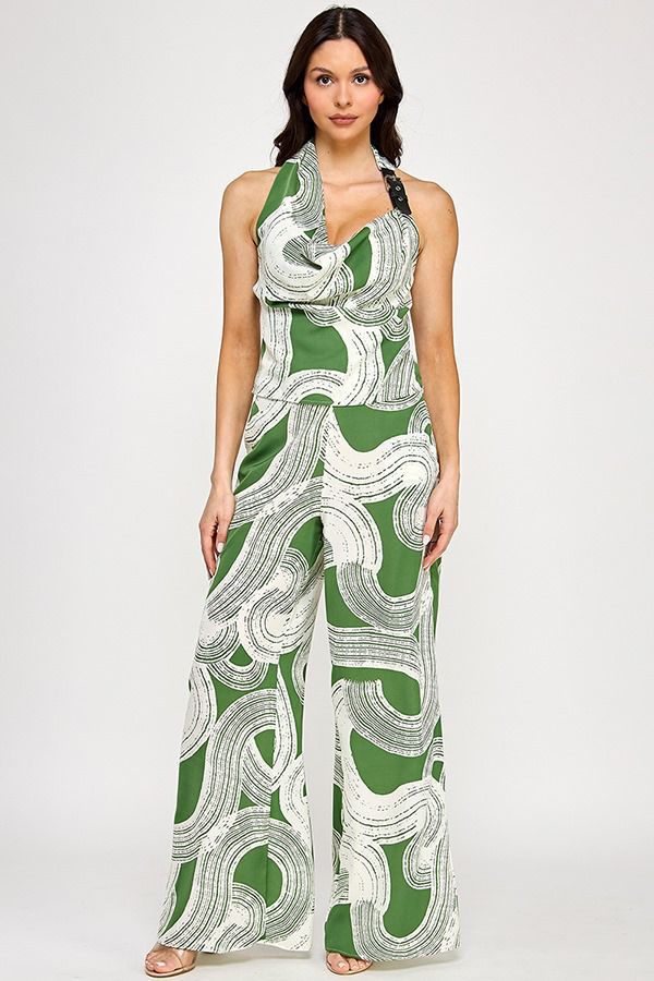 Desert Swirl' Halter Jumpsuit - Beige Camel & White Wide Leg