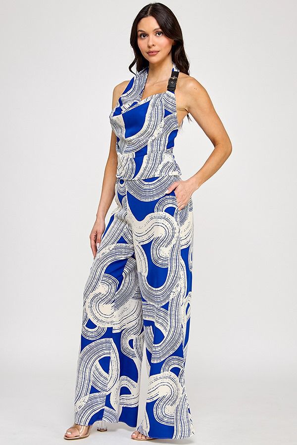 Tropical Swirl Halter Jumpsuit  Green & White Wide Leg