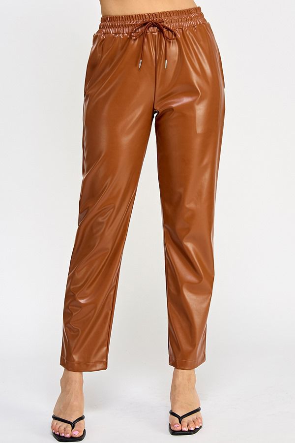 Luxury Faux Leather Jogger Pants Caramel Brown Athleisure Style