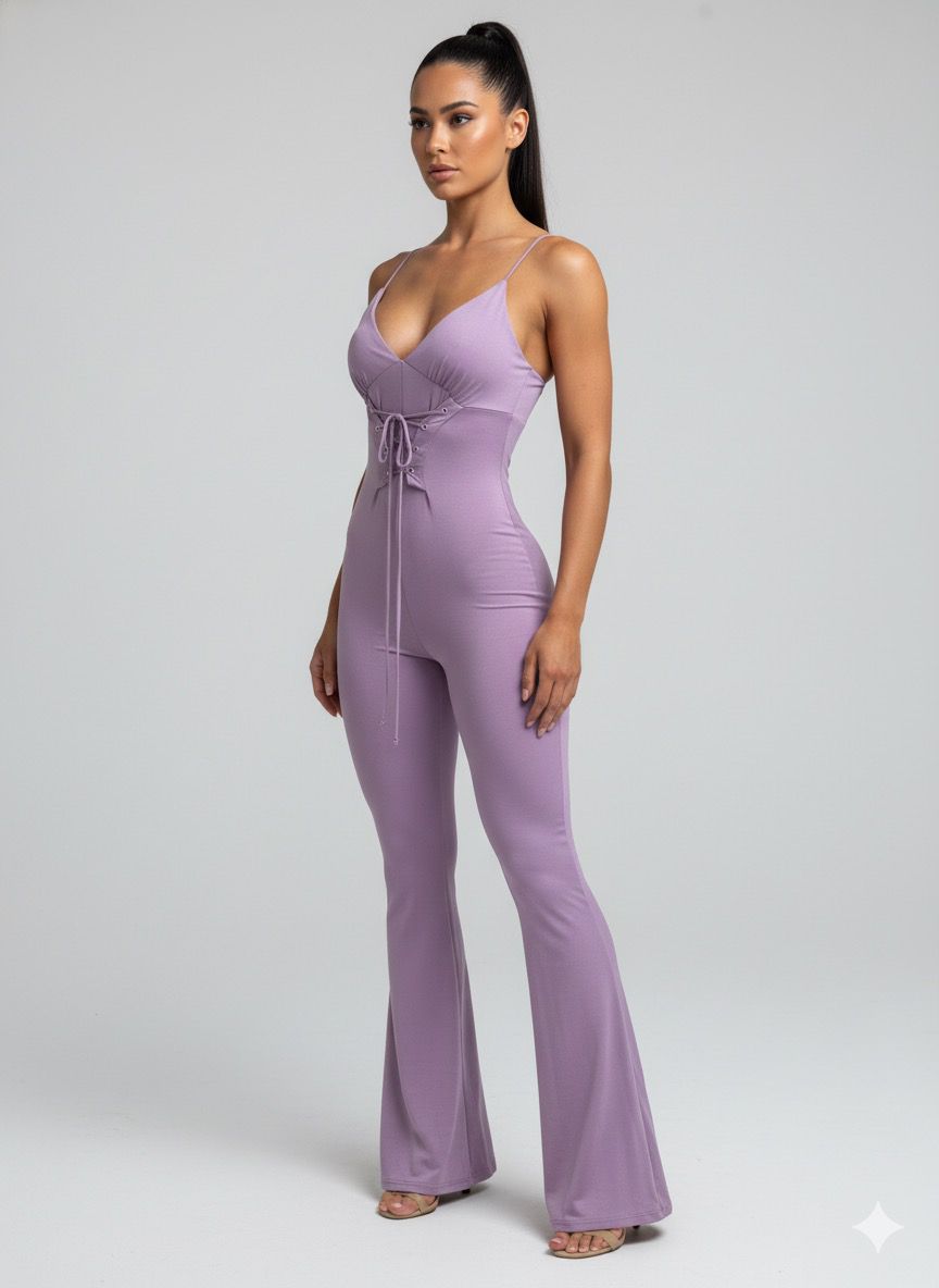 Lace Up Dream Bodycon Jumpsuit  Lavender Flare
