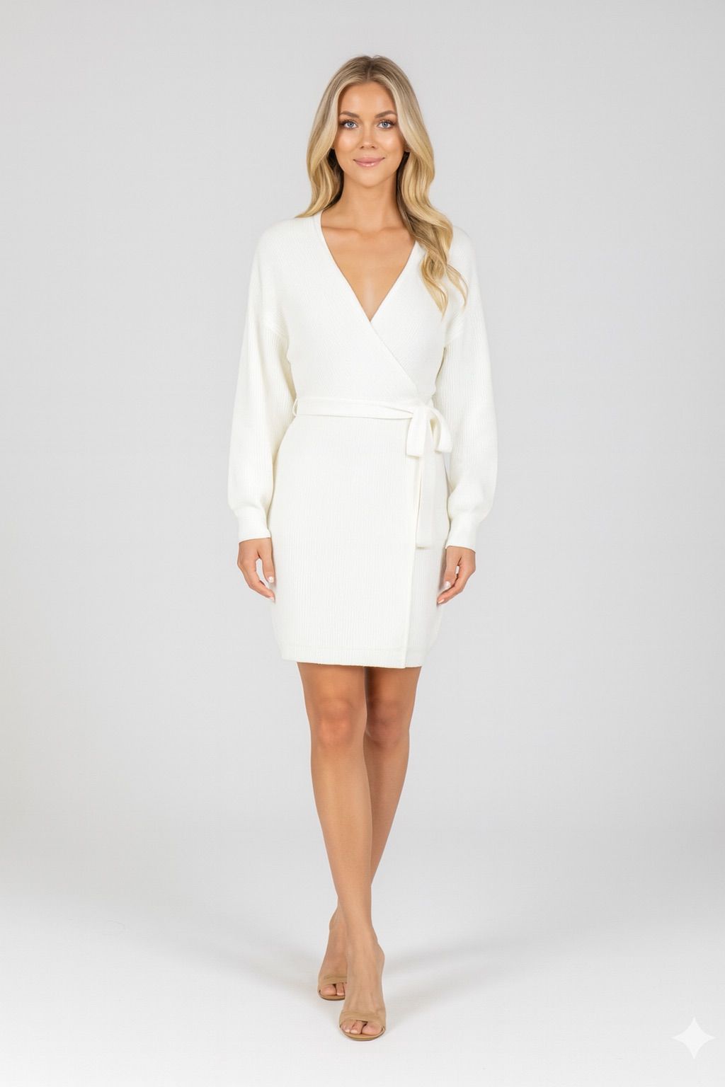 Cozy Knit Wrap Mini Dress - Cream White with Tie Detail
